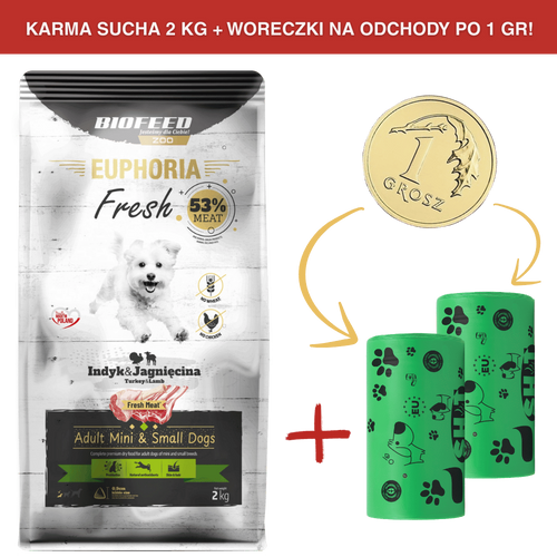 ZESTAW: Karma dla psów EUPHORIA Fresh z indykiem i jagnięciną (mini i małe rasy) 2 kg + 2 rolki woreczków na odchody PO 1 GR