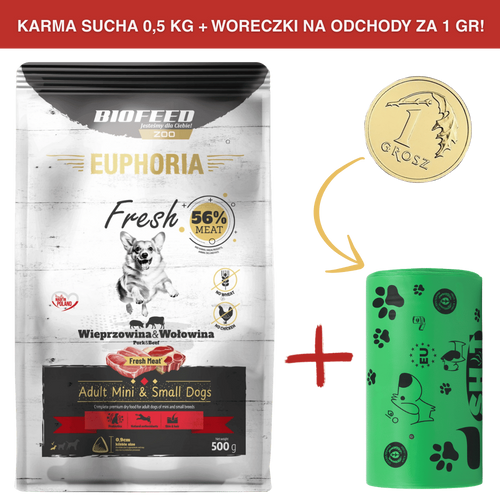 ZESTAW: Karma dla psów EUPHORIA Fresh z wieprzowiną i wołowiną (mini i małe rasy) 0,5 kg + rolka woreczków na odchody ZA 1 GR