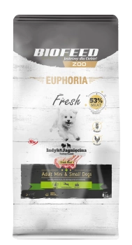 ZESTAW: Karma dla psów EUPHORIA Fresh z indykiem i jagnięciną (mini i małe rasy) 8 kg + saszetka Tasty Dogs Life Duck 500 g ZA 1 GR