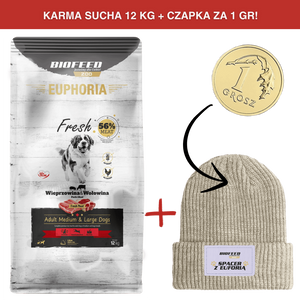 ZESTAW: Karma dla psów EUPHORIA Fresh z wieprzowiną i wołowiną (średnie i duże rasy) 12 kg + czapka SPACER Z EUFORIĄ za 1 gr
