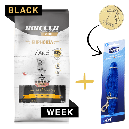 ZESTAW: Karma dla szczeniąt EUPHORIA Fresh Turkey Monoprotein (mini i małe rasy) 8 kg + Niebieska smycz dla psa S (1 m)