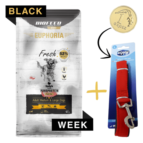 ZESTAW: Karma dla psów EUPHORIA Fresh Turkey Monoprotein (średnie i duże rasy) 12 kg + czerwona smycz dla psa L (2,5x40 cm)