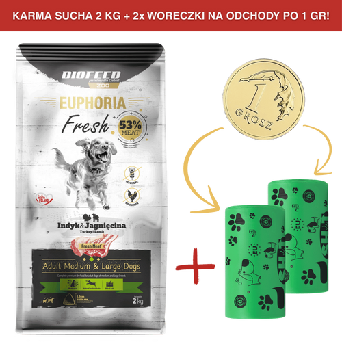 ZESTAW: Karma dla psów EUPHORIA Fresh z indykiem i jagnięciną (średnie i duże rasy) 2 kg + 2 rolki woreczków na odchody PO 1 GR