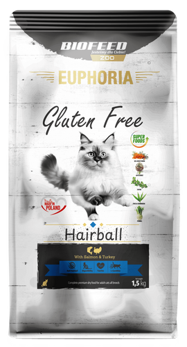 Karma dla kotów EUPHORIA Gluten Free Cat HAIRBALL Indyk & Łosoś 1,5 kg