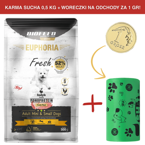 ZESTAW: Karma dla psów EUPHORIA Fresh Turkey Monoprotein (mini i małe rasy) 0,5 kg + rolka woreczków na odchody ZA 1 GR