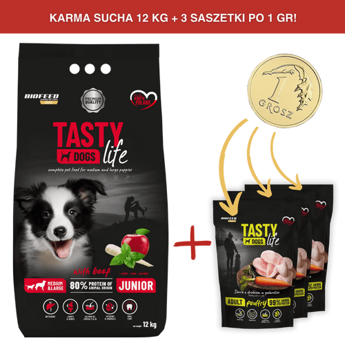 Karma dla szczeniąt Tasty Dogs Life z wołowiną 12 kg (średnie i duże rasy)