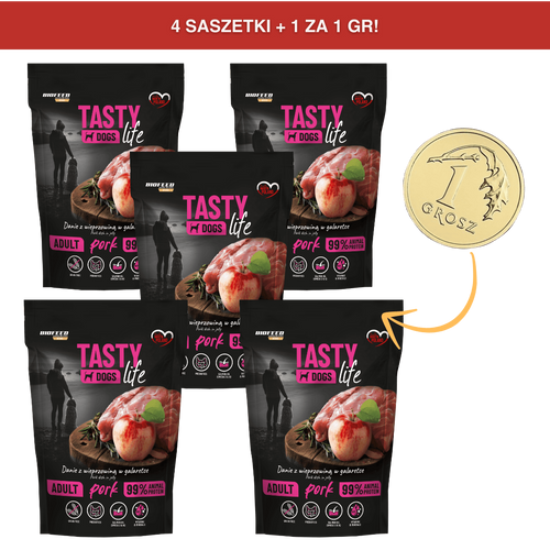[4+1 ZA GROSZ] Mokra karma dla psów Tasty Dogs Life WIEPRZOWINA 90% - danie w galaretce (saszetka) 500 g