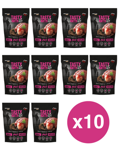 ZESTAW: Mokra karma dla psów Tasty Dogs Life WIEPRZOWINA 90% - danie w galaretce (saszetka) 10x 500 g