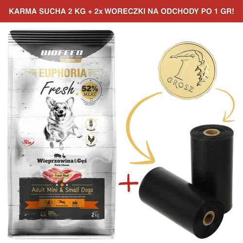ZESTAW: Karma dla psów EUPHORIA Fresh z wieprzowiną i gęsią (mini i małe rasy) 2 kg + 2 rolki woreczków na odchody PO 1 GR