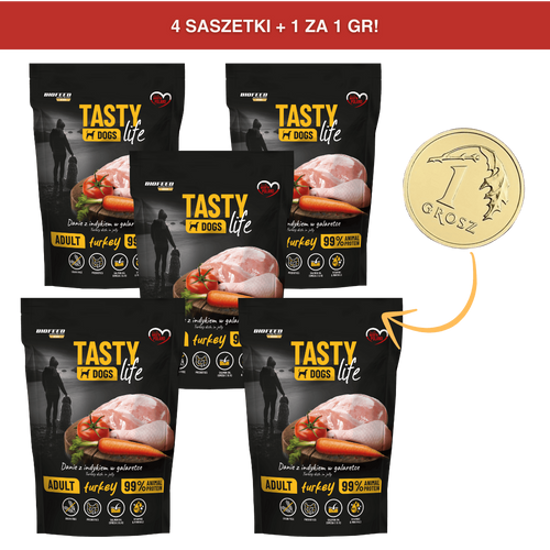 [4+1 ZA GROSZ] Mokra karma dla psów Tasty Dogs Life INDYK 90% - danie w galaretce (saszetka) 500 g