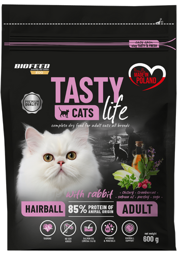 Karma dla kotów Tasty Cats Life HAIRBALL z królikiem 600 g
