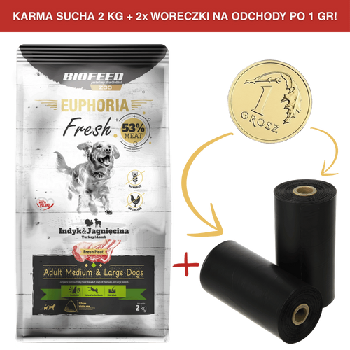 ZESTAW: Karma dla psów EUPHORIA Fresh z indykiem i jagnięciną (średnie i duże rasy) 2 kg + 2 rolki woreczków na odchody PO 1 GR