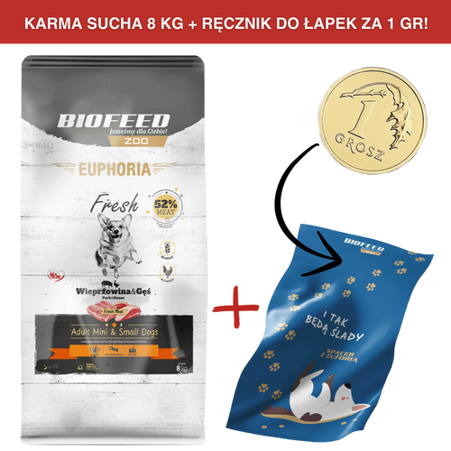 ZESTAW: Karma dla psów EUPHORIA Fresh z wieprzowiną i gęsią (mini i małe rasy) 8 kg + ręcznik do łapek za 1 gr
