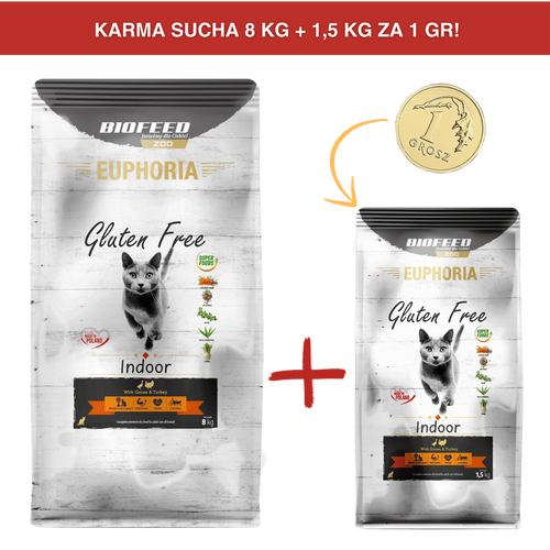 ZESTAW: Karma dla kotów EUPHORIA Gluten Free Cat INDOOR Indyk & Gęś  8 kg + 1,5 kg ZA 1 GR