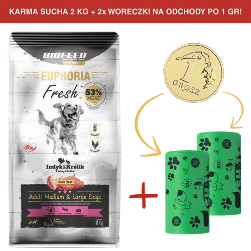ZESTAW: Karma dla psów EUPHORIA Fresh z indykiem i królikiem (średnie i duże rasy) 2 kg + 2 rolki woreczków na odchody PO 1 GR
