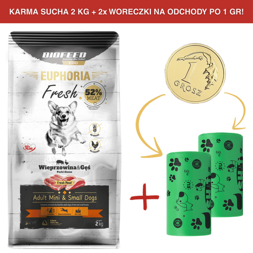 ZESTAW: Karma dla psów EUPHORIA Fresh z wieprzowiną i gęsią (mini i małe rasy) 2 kg + 2 rolki woreczków na odchody PO 1 GR