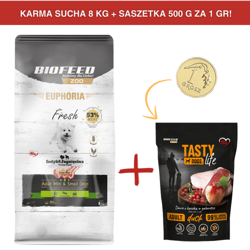 ZESTAW: Karma dla psów EUPHORIA Fresh z indykiem i jagnięciną (mini i małe rasy) 8 kg + saszetka Tasty Dogs Life Duck 500 g ZA 1 GR