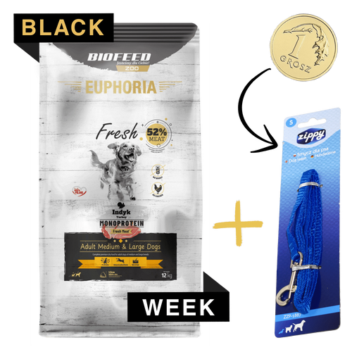 ZESTAW: Karma dla psów EUPHORIA Fresh Turkey Monoprotein (średnie i duże rasy) 12 kg + Niebieska smycz dla psa S (1 m)