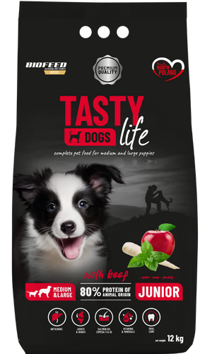 Karma dla szczeniąt Tasty Dogs Life z wołowiną 12 kg (średnie i duże rasy)