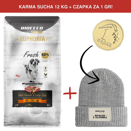 ZESTAW: Karma dla psów EUPHORIA Fresh z wieprzowiną i gęsią (średnie i duże rasy) 12 kg + czapka SPACER Z EUFORIĄ za 1 gr