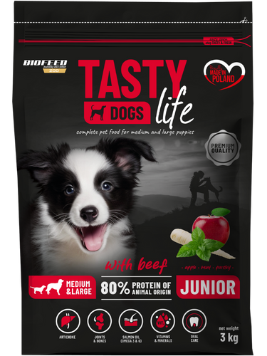 Karma dla szczeniąt Tasty Dogs Life z wołowiną 3 kg (średnie i duże rasy)