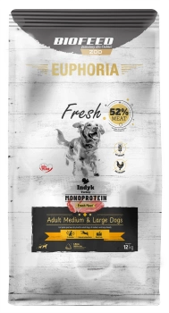ZESTAW: Karma dla psów EUPHORIA Fresh Turkey Monoprotein (średnie i duże rasy) 12 kg + czerwona smycz dla psa L (2,5x40 cm)