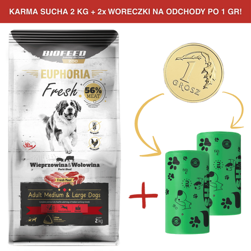 ZESTAW: Karma dla psów EUPHORIA Fresh z wieprzowiną i wołowiną (średnie i duże rasy) 2 kg + 2 rolki woreczków na odchody PO 1 GR