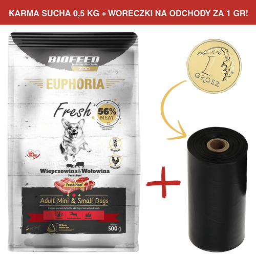 ZESTAW: Karma dla psów EUPHORIA Fresh z wieprzowiną i wołowiną (mini i małe rasy) 0,5 kg + rolka woreczków na odchody ZA 1 GR