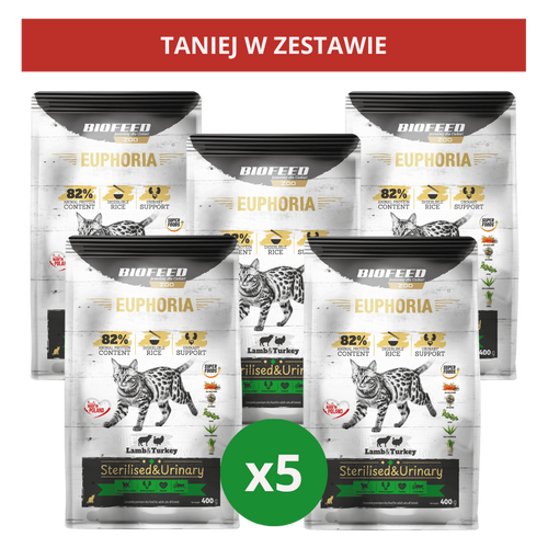 ZESTAW: Karma dla kotów EUPHORIA Gluten Free Cat STERILISED & URINARY Indyk & Jagnięcina 5x400 g