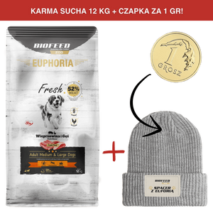 ZESTAW: Karma dla psów EUPHORIA Fresh z wieprzowiną i gęsią (średnie i duże rasy) 12 kg + czapka SPACER Z EUFORIĄ za 1 gr