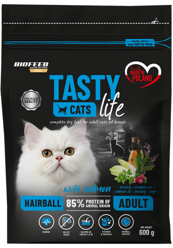 Karma dla kotów Tasty Cats Life HAIRBALL z łososiem 600 g
