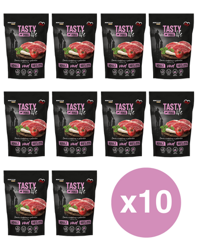 ZESTAW: TASTY DOG LIFE CIELĘCINA 90% SASZETKA 10x 500 g