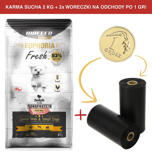 ZESTAW: Karma dla szczeniąt EUPHORIA Fresh Turkey Monoprotein (mini i małe rasy) 2 kg + 2 rolki woreczków na odchody PO 1 GR