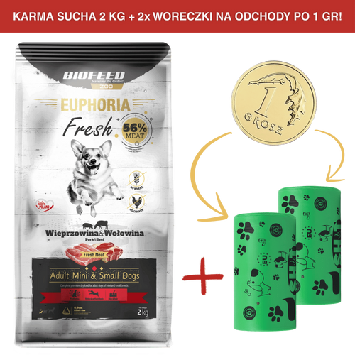ZESTAW: Karma dla psów EUPHORIA Fresh z wieprzowiną i wołowiną (mini i małe rasy) 2 kg + 2 rolki woreczków na odchody PO 1 GR