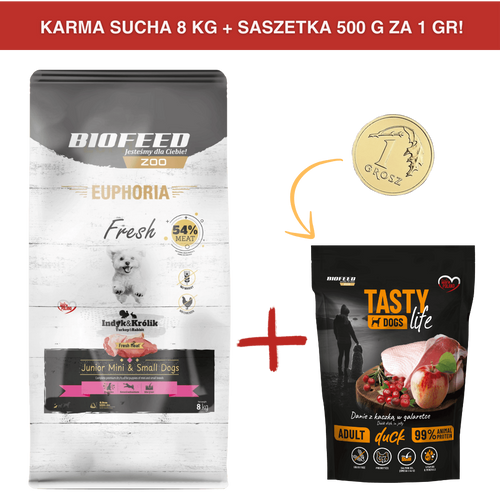 ZESTAW: Karma dla szczeniąt EUPHORIA Fresh z indykiem i królikiem (mini i małe rasy) 8 kg + saszetka Tasty Dogs Life Duck 500 g ZA 1 GR