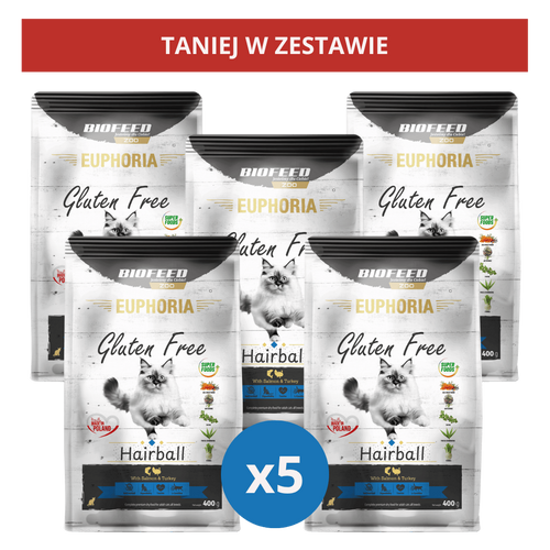 ZESTAW: Karma dla kotów EUPHORIA Gluten Free Cat HAIRBALL Indyk & Łosoś 5x400 g