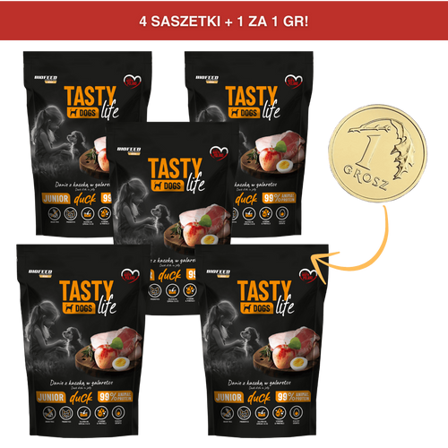 [4+1 ZA GROSZ] Mokra karma dla szczeniąt Tasty Dogs Life KACZKA 90% - danie w galaretce (saszetka) 500 g