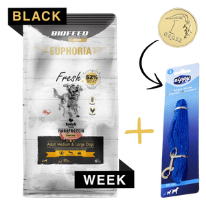 ZESTAW: Karma dla psów EUPHORIA Fresh Turkey Monoprotein (średnie i duże rasy) 12 kg + Niebieska smycz dla psa S (1 m)