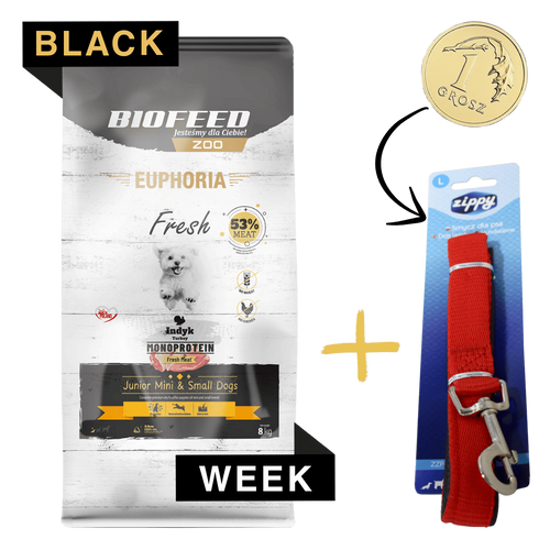 ZESTAW: Karma dla szczeniąt EUPHORIA Fresh Turkey Monoprotein (mini i małe rasy) 8 kg + czerwona smycz dla psa L (2,5x40 cm)