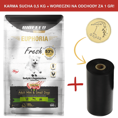 ZESTAW: Karma dla psów EUPHORIA Fresh z indykiem i jagnięciną (mini i małe rasy) 0,5 kg + rolka woreczków na odchody ZA 1 GR