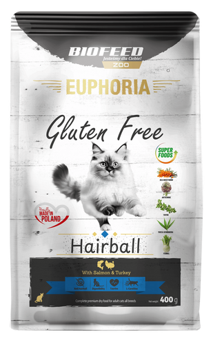 Karma dla kotów EUPHORIA Gluten Free Cat HAIRBALL Indyk & Łosoś 400 g