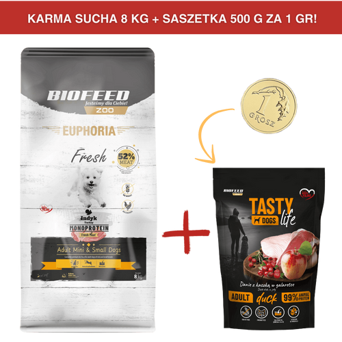 ZESTAW: Karma dla psów EUPHORIA Fresh Turkey Monoprotein (mini i małe rasy) 8 kg + saszetka Tasty Dogs Life Duck 500 g ZA 1 GR