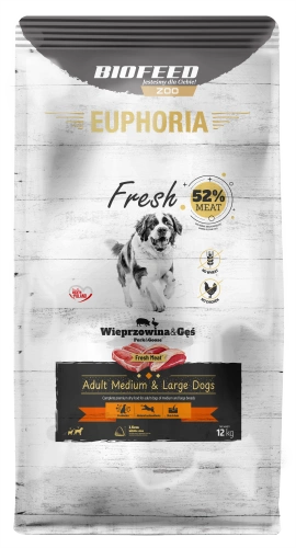 Karma dla psów EUPHORIA Fresh z wieprzowiną i gęsią (średnie i duże rasy) 12 kg