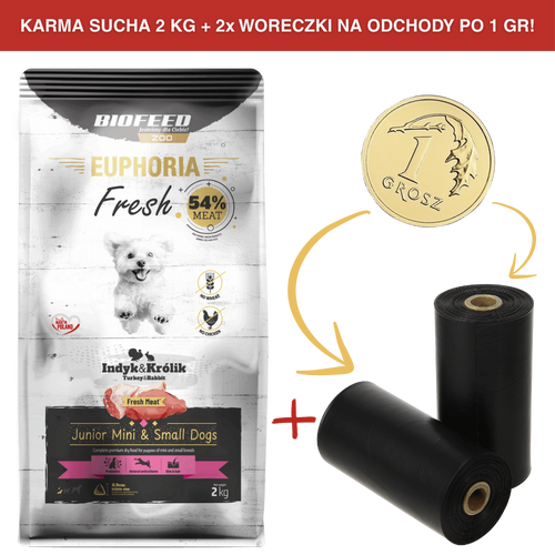ZESTAW: Karma dla szczeniąt EUPHORIA Fresh z indykiem i królikiem (mini i małe rasy) 2 kg + 2 rolki woreczków na odchody PO 1 GR