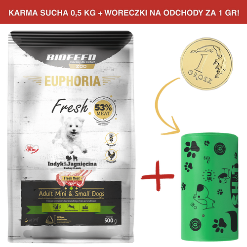 ZESTAW: Karma dla psów EUPHORIA Fresh z indykiem i jagnięciną (mini i małe rasy) 0,5 kg + rolka woreczków na odchody ZA 1 GR