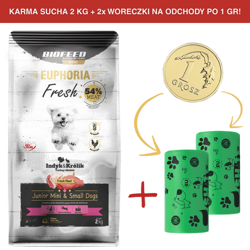 ZESTAW: Karma dla szczeniąt EUPHORIA Fresh z indykiem i królikiem (mini i małe rasy) 2 kg + 2 rolki woreczków na odchody PO 1 GR