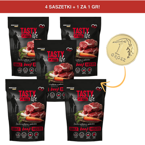 [4+1 ZA GROSZ] Mokra karma dla psów Tasty Dogs Life WOŁOWINA 90% - danie w galaretce (saszetka) 500 g