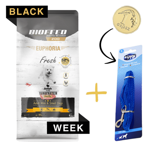 ZESTAW: Karma dla psów EUPHORIA Fresh Turkey Monoprotein (mini i małe rasy) 8 kg + Niebieska smycz dla psa S (1 m)
