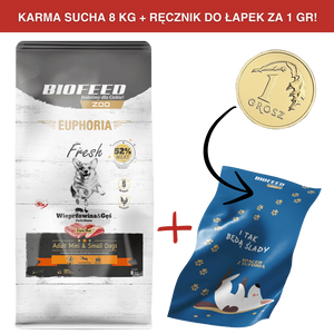 ZESTAW: Karma dla psów EUPHORIA Fresh z wieprzowiną i gęsią (mini i małe rasy) 8 kg + ręcznik do łapek za 1 gr