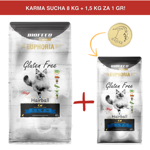 ZESTAW: Karma dla kotów EUPHORIA Gluten Free Cat HAIRBALL Indyk & Łosoś 8 kg + 1,5 kg ZA 1 GR